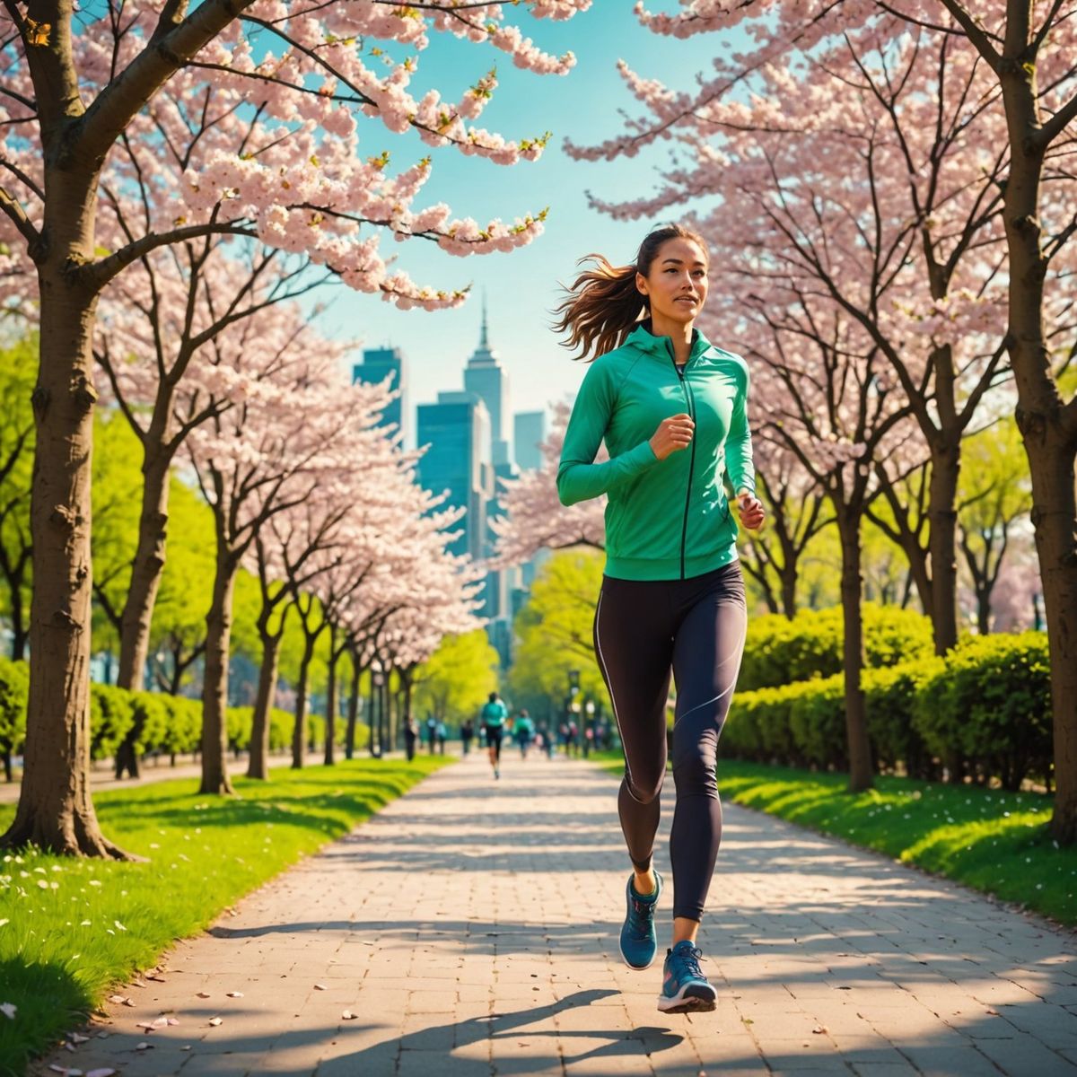 Stylized person walking on a soft green horizon with dashed path lines